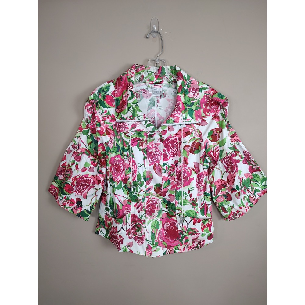 Just B Womens Small Floral‎ Rose Print Zip Up Jacket 3/4 Bell Sleeve Pink White